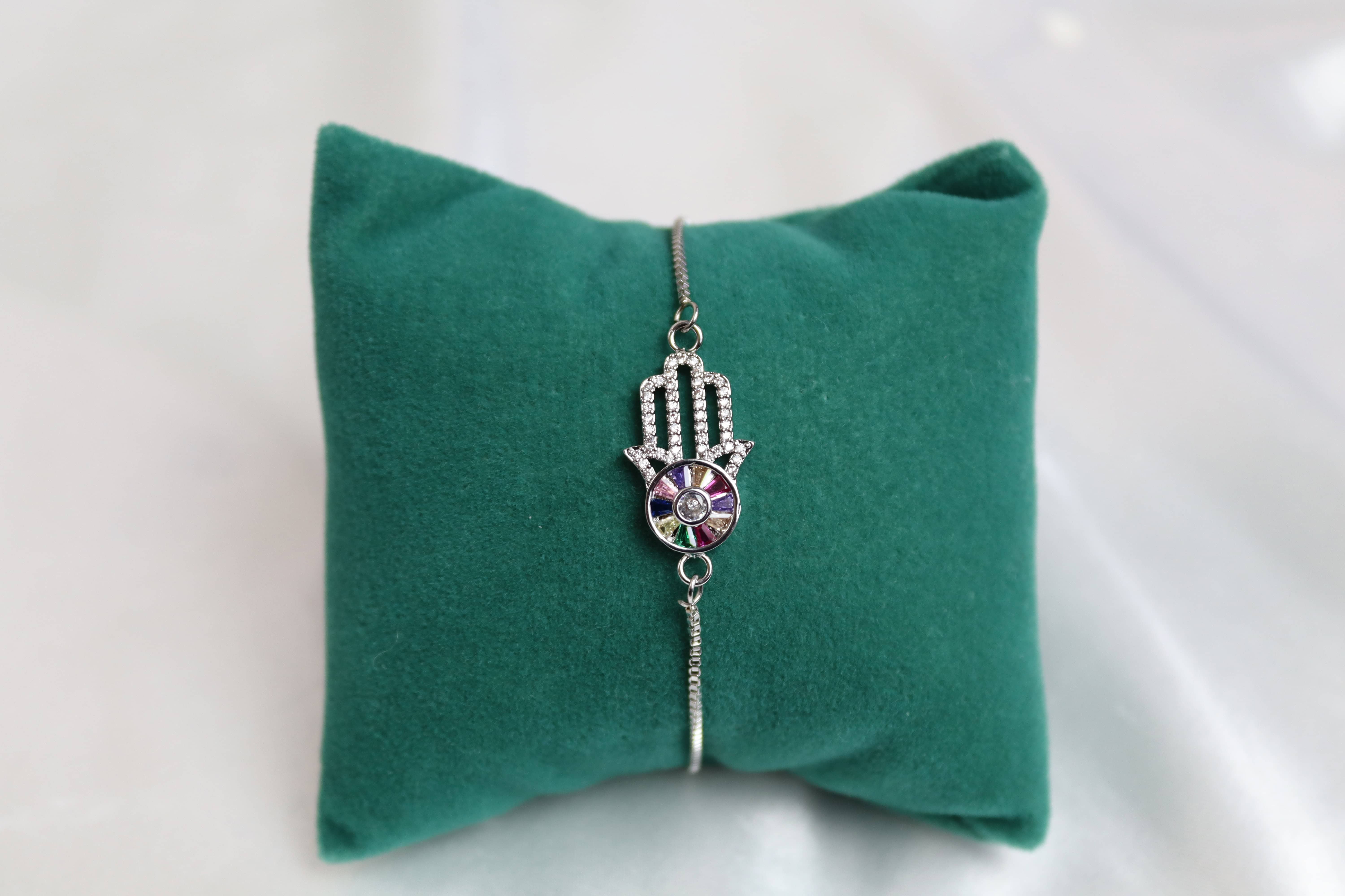 Renkli Taşlı Çelik Hamsa Bileklik (Silver)
